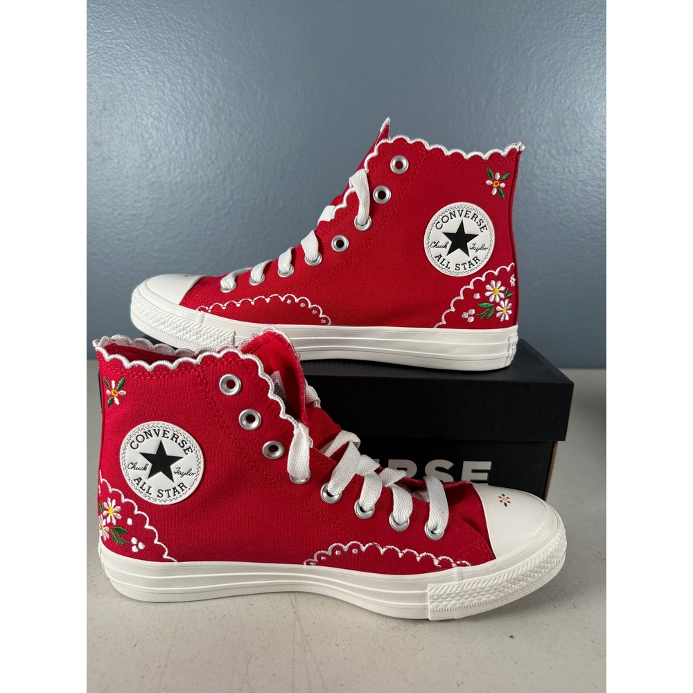 Converse Chuck Taylor All Star Hi Red Floral Embroidered Scallop Mens 7.5